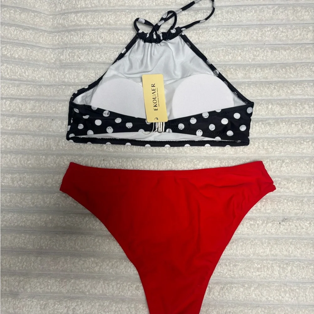 Stylish Polka Dot Bikini Top with Vibrant Red Bottoms